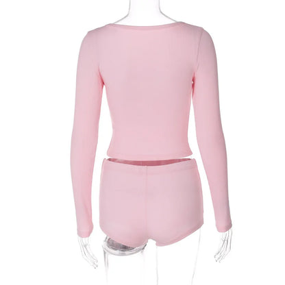 Dulzura 2024 Autumn Women Ribbed 2 Piece Set Long Sleeve T Shirt Micro Shorts Outfits Bodycon Sexy Streetwear Club Matching Suit