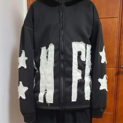 Autumn And Winter Hoodie Patchwork Letter Star Pattern Long Sleeved Pullover Hoodie Harajuku Fashionable Loose Versatile Jackets