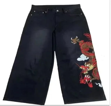 Y2K New Retro Centipede Embroidery Pattern Washed Oversized Wide-Leg Pants Street Gothic Harajuku Floor Pants For Men and Women