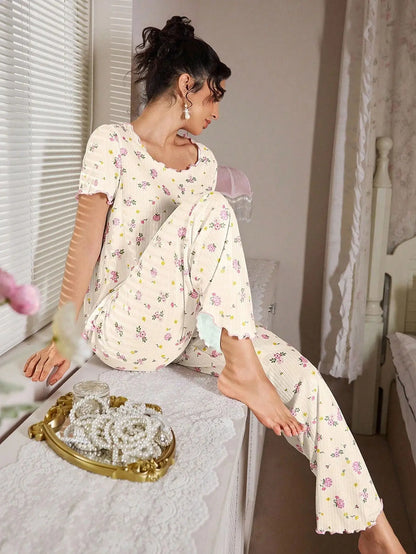 New European and American style loose-fitting women's pajamas, floral short-sleeved long pants home wear, casual two-piece set s
