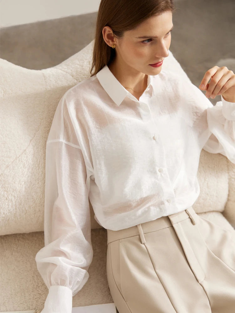 AMII Minimalist Blouse for Women 2023 Autumn Lantern Sleeve V-Neck Slightly Transparent Elegant Commuter Clothing Tops 72341030