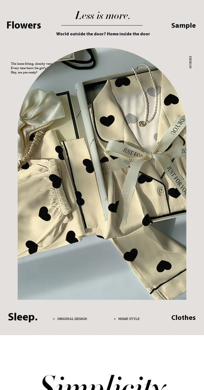Women's Spring and Summer Light Luxury High Value Love Love Ice Silk Cool Feeling Pajamas Female Long-Sleeved Two-Piece Homewear