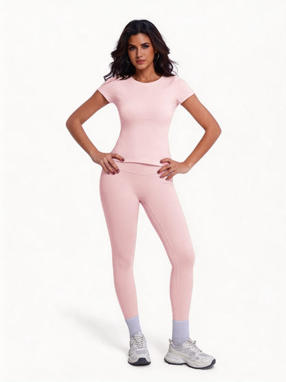 Women's 2 Piece Workout Set, Ultra-Soft Short Sleeve T-Shirt & High Waist Leggings, Seamless Butt Lifting Yoga Outfit for Gym, R