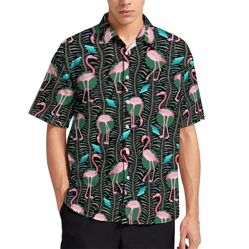 Birds Flamingo Parrot Hawaiian Shirts For Men 3D Printed Vacation Beach Shirt Trendy Short Sleeve Lapel Blouse Streetwear