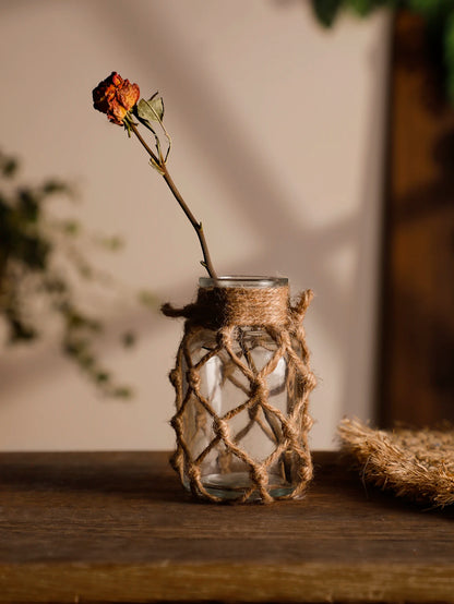 Hand Woven Hemp Rope Glass Vase - Boho Nordic Dry Flower Decor