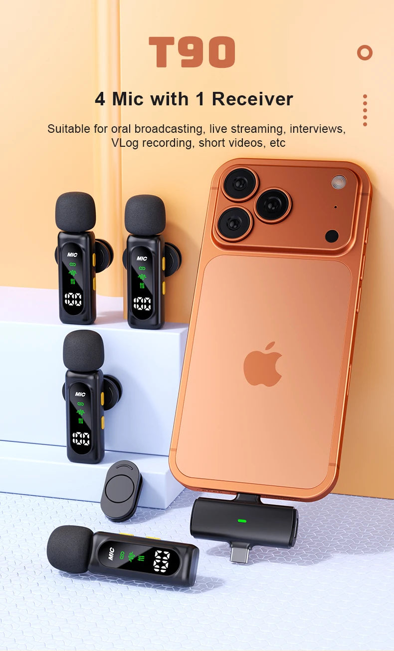 Wireless Lavalier Microphone Set with 4 Receivers Noise-Canceling Mini Mic for iPhone Android Portable Audio Video Recording