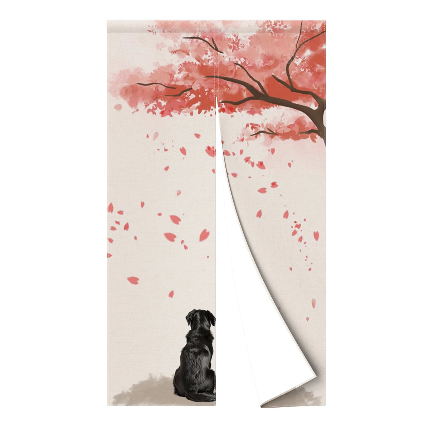 Japanese Door Curtain - Cherry Blossom Curtain With Kanagawa Wave Design | Linen Door Panel