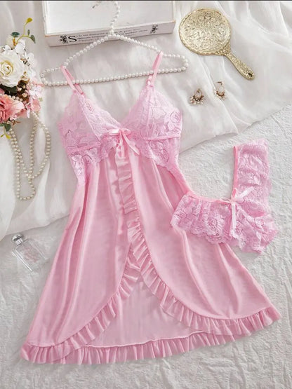 A Set Pink Cute Women Sweet Nightdress And Panty Pijamas Suit Sleeveless Halter Nightgown Short Sets V-Neck Bra Thong Luxury Kit