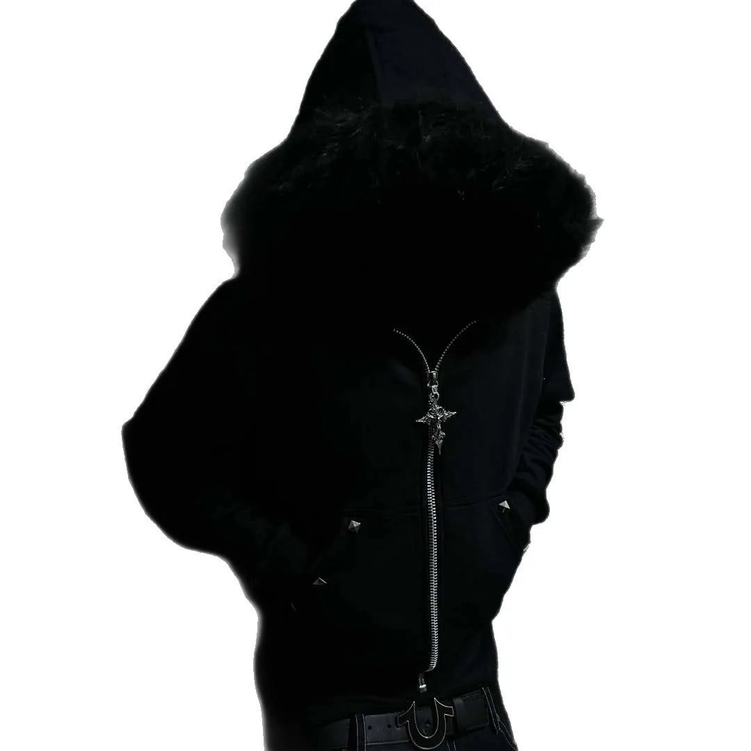 Women's European Fluff Hat Sweater Pattern Long-Sleeved Hoodie Y2K Retro Coat Dark Style Street Trend Warm Coat for Autumn/Winte