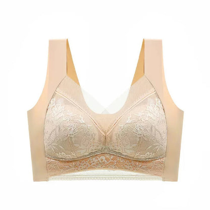 Plus Size Bra - Women's Lace Padded Comfort Bra With Ice Silk Fabric, Wire Free Support