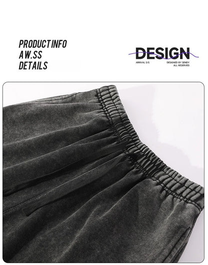 350g Water-Washed Distressed Loose Fit Casual Sweatpants with Ankle Ties - Retro American Style for Autumn/Spring