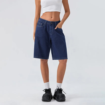 New Fashion Womens Knee Length Denim Shorts Loose Solid Color Low Rise Wide Leg Long Shorts With Pockets For Summer S-2XL