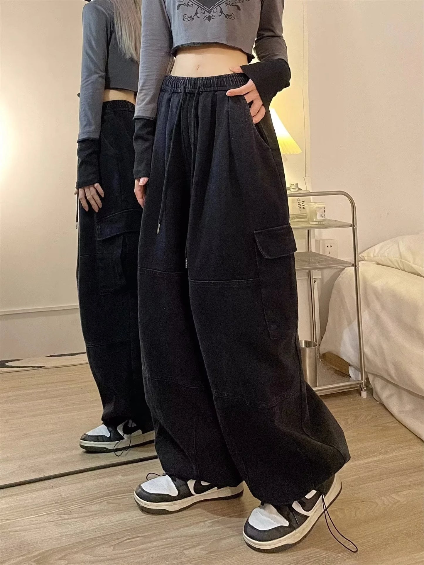 Cargo Pants Women Solid Color Japanese Loose Thin Straight Wide-leg High Waist Trousers High Street Basics Casual Pants Female