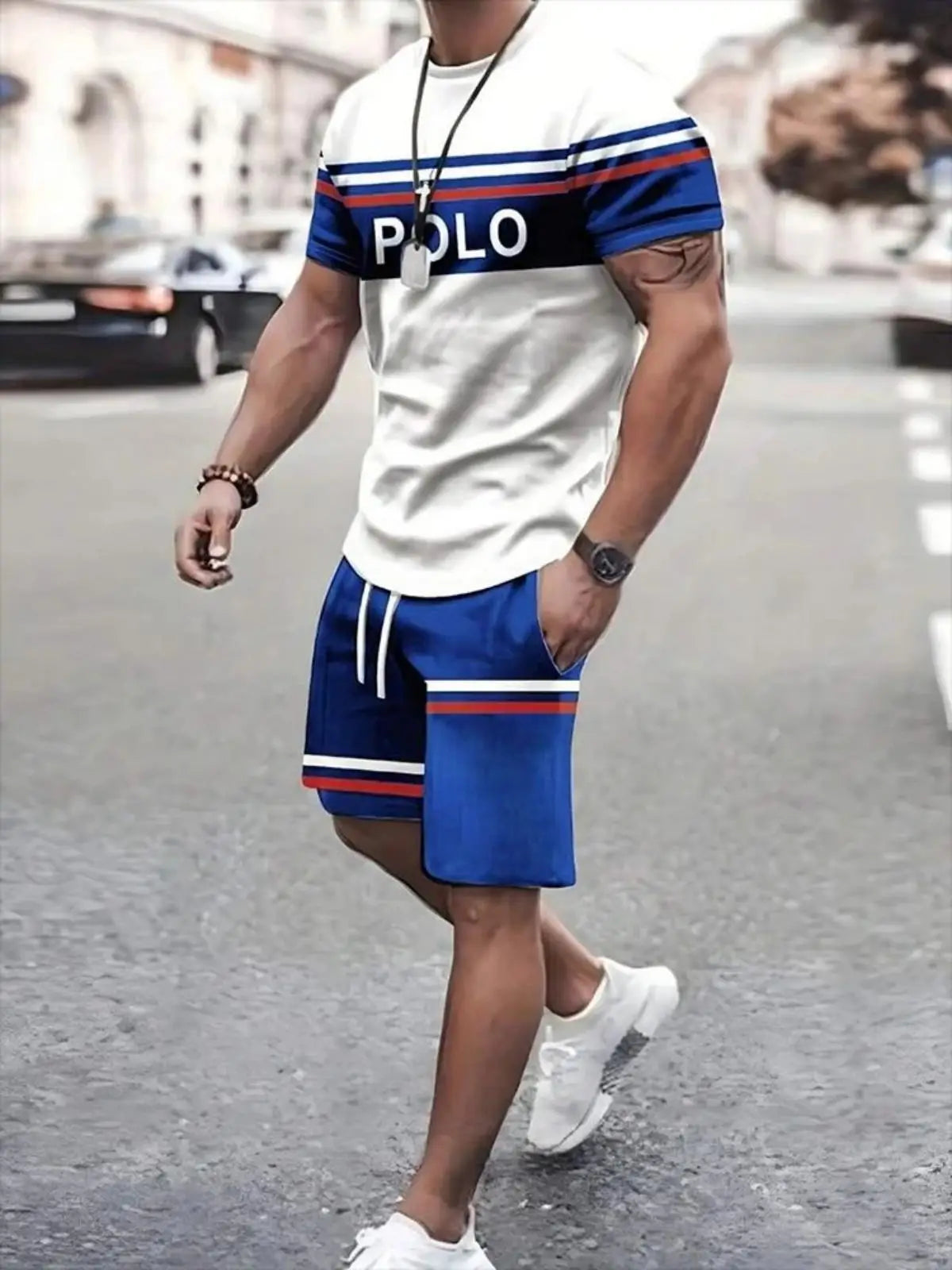 Men's summer striped letter printed soft and breathable round neck T-shirt shorts set, outdoor urban casual two-piece set