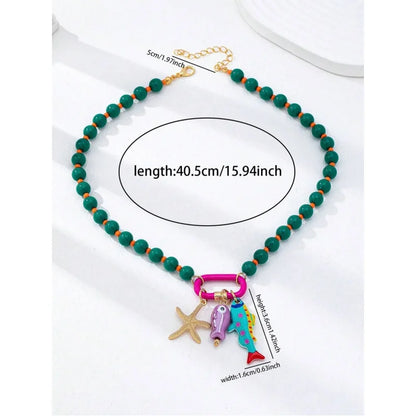 1pc Summer Beach Multi-Layer Resin Beaded Necklace, Colorful Fish & Starfish Charms, Boho Jewelry for Vacation & Beach Party