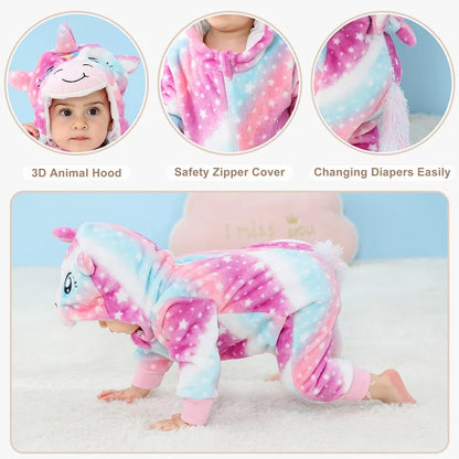 Baby Winter Rompers - Soft Polyester Hooded Jumpsuit With Animal Pattern, Machine Washable