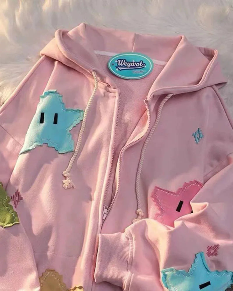 New Five-pointed Star Cartoon Hooded Girls' Appliquéd Pullover Hoodie Jacket Woman Sweatshirts