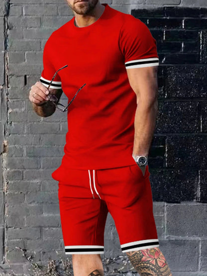 New summer men's minimalist striped printed comfortable and breathable round neck T-shirt shorts set for outdoor casual wear