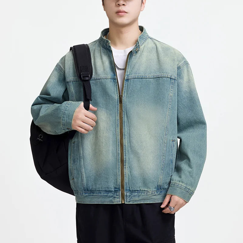 Men's Casual Non-Stretch Denim Jacket High Street Style Zipper Loose Workwear Jacket Plus Size Trendy Streetwear Top