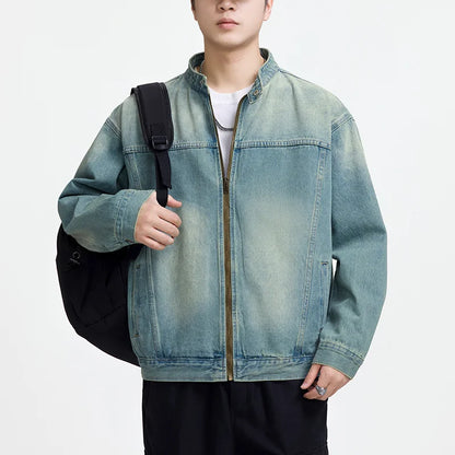 Men's Casual Non-Stretch Denim Jacket High Street Style Zipper Loose Workwear Jacket Plus Size Trendy Streetwear Top