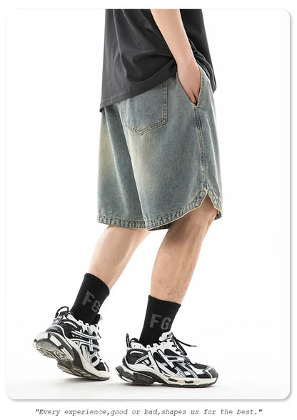 Baggy Denim Shorts - Men's Summer Casual Streetwear With Embroidery & Elastic Waist