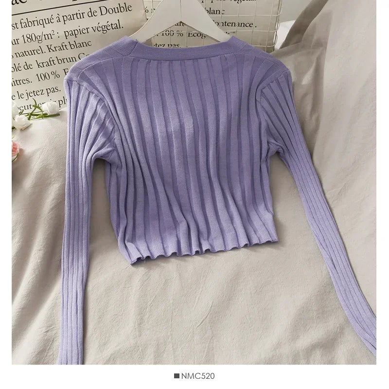 Women's Acrylic Long Sleeve V-Neck Button-Down Slim Cropped Ribbed Knit Cardigan Thin Solid Stretch Crop Top Knitwear