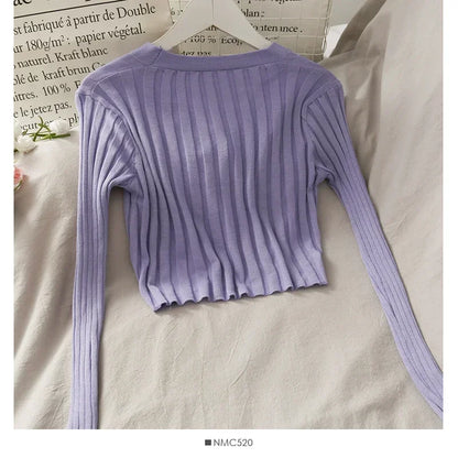 Women's Acrylic Long Sleeve V-Neck Button-Down Slim Cropped Ribbed Knit Cardigan Thin Solid Stretch Crop Top Knitwear