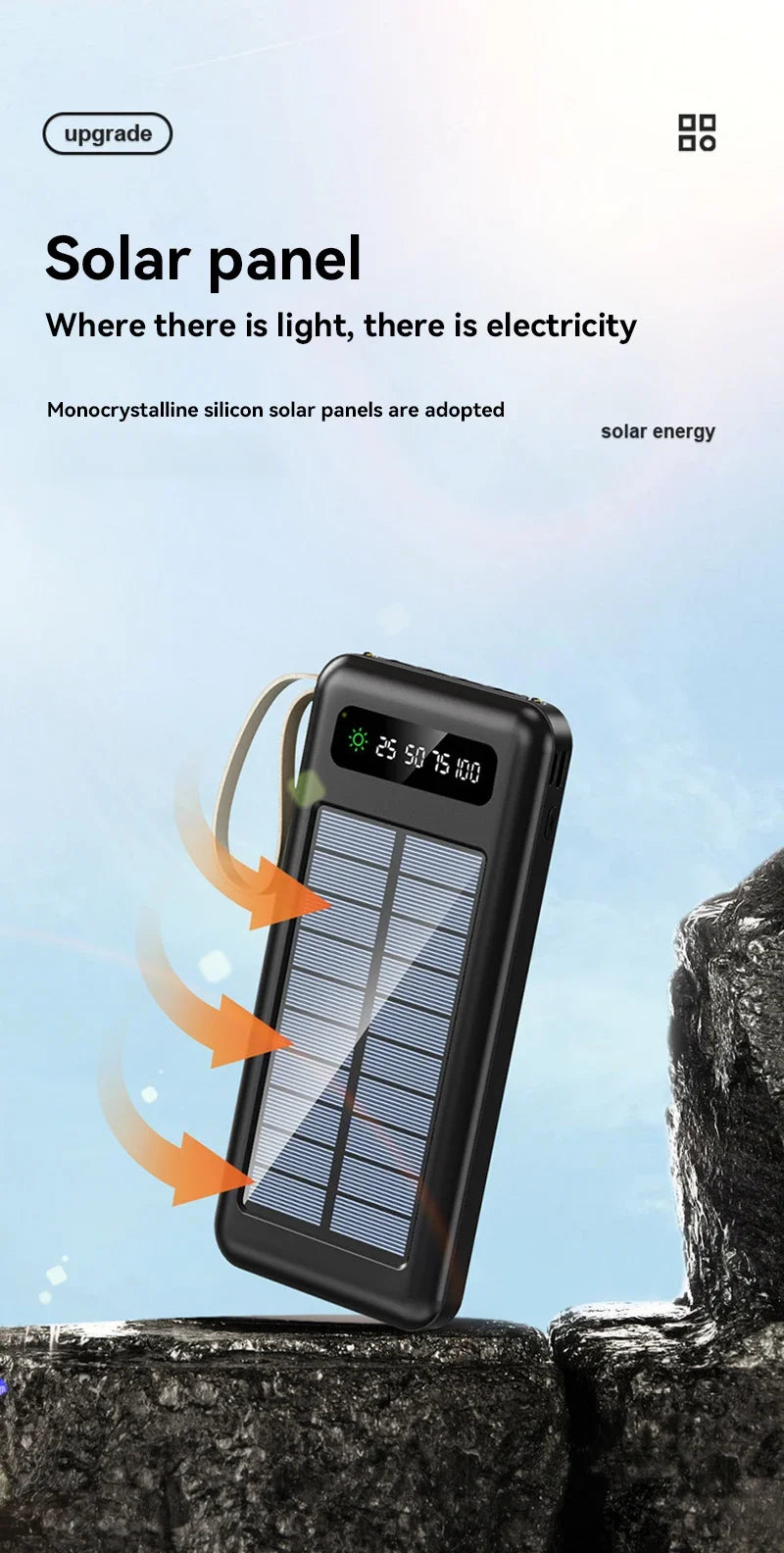Lenovo Solar Power Bank 50000mAh Large Capacity Mobile Power Fast Charging Battery Dual USB 4 Cables For iPhone Samsung