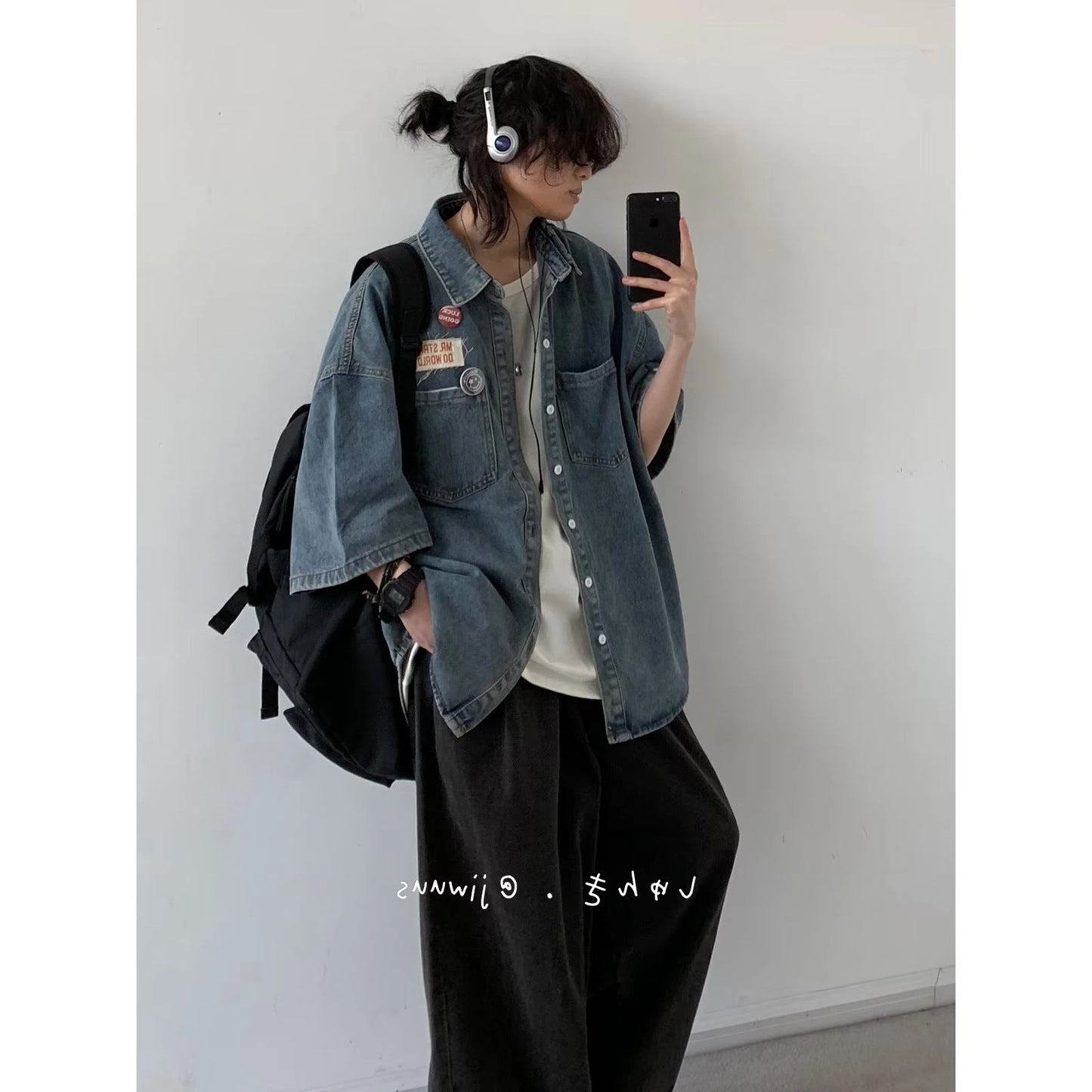 American Cityboy Washed Denim Short Sleeved Shirt Men's Versatile Loose Fitting Shirt Denim Jacket Trendy Coat
