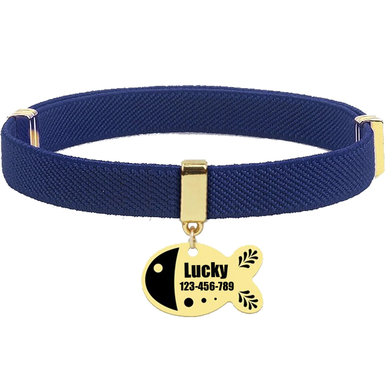Free Customized Cat Collar Cute Fish Metal Necklace Pet ID Name Tag Personalized GPS Tracker Kitten Dog Breakaway Elastic Collar