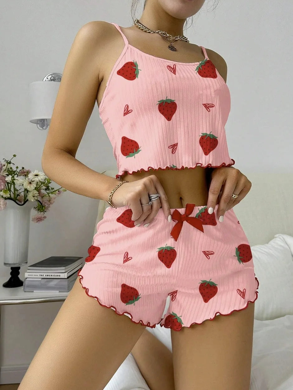 New Strawberry Print Sleepwear Set Women's Ribbed Pajamas with Hearts & Bow Soft Comfy Lounge Set with Shorts Cute Summer PjGift