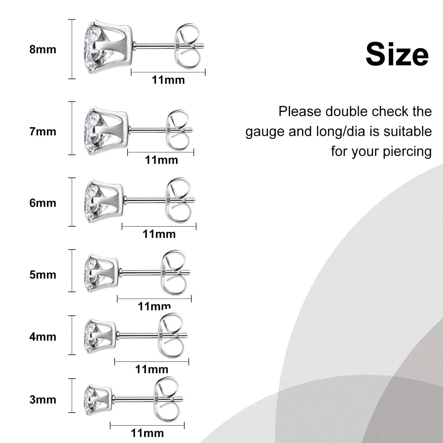 1 Pair 3mm-8mm Medical Stainless steel Crystal Zircon Ear Studs Earrings For Women/Men 4 Prong Tragus Cartilage Piercing Jewelry