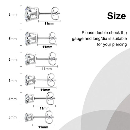 1 Pair 3mm-8mm Medical Stainless steel Crystal Zircon Ear Studs Earrings For Women/Men 4 Prong Tragus Cartilage Piercing Jewelry