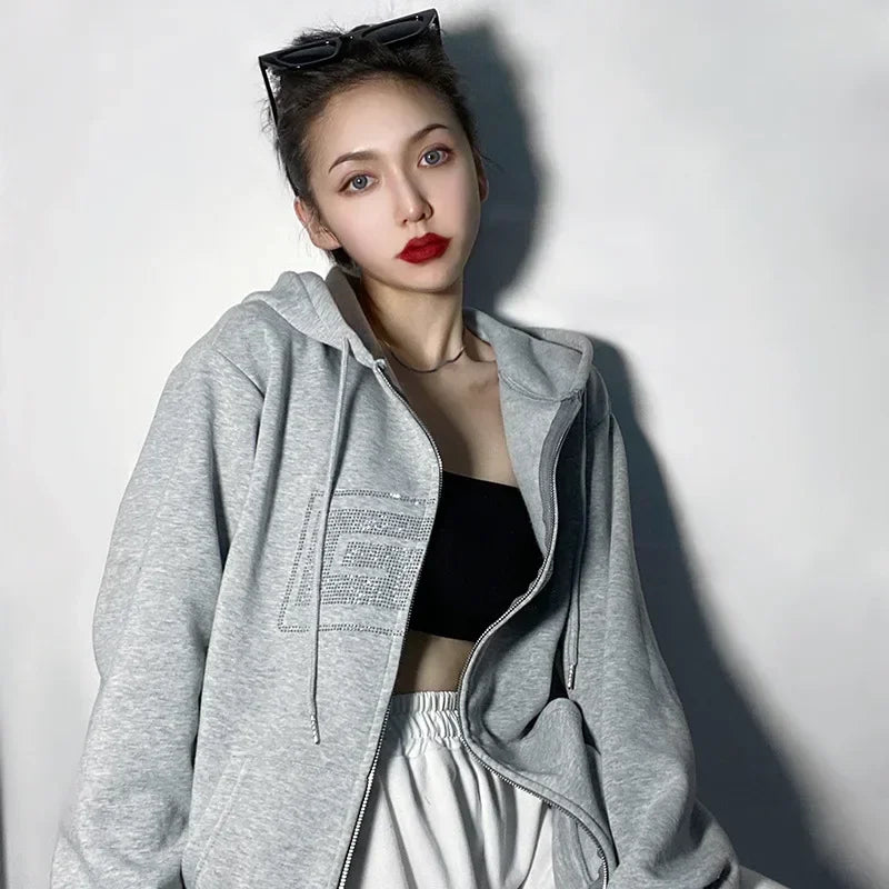 New Rhinestone Letter Print Women Long Sleeve Sweatshirt Hoodies Zipper Loose Oversized Streetwear Casual 2024 Autumn Fall