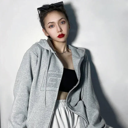 New Rhinestone Letter Print Women Long Sleeve Sweatshirt Hoodies Zipper Loose Oversized Streetwear Casual 2024 Autumn Fall