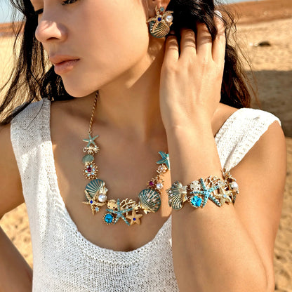 Exaggerated Metal Starfish Shell Pearl Necklace for Women Summer Ocean Coral Scallop Pendant Necklace Boho Beach Jewelry Gift