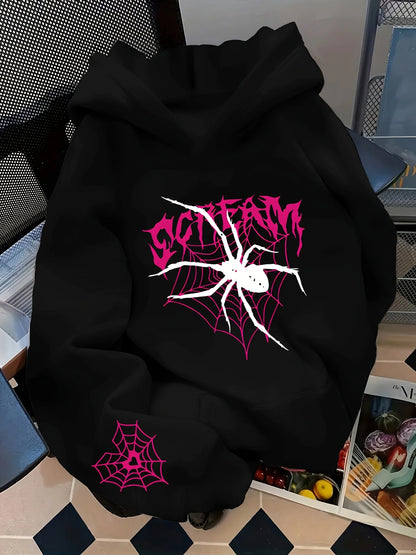 Fall Casual gothic Style Spider Web Print Hooded Sweatshirt for Men - Y2K Street Style Hip-Hop Long-Sleeved Pullover Hoodie