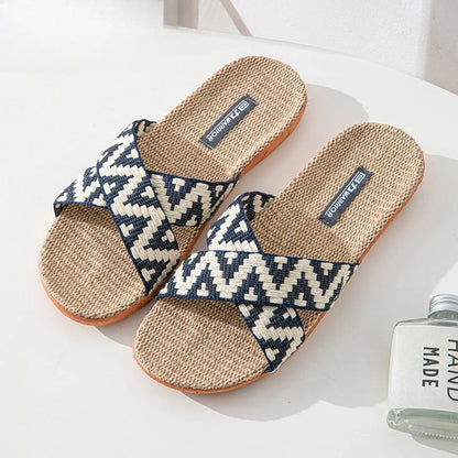 Men Shoes Slippers Linen Home Indoor Open Toe Flat Shoe Beach Slippers Striped Spliced Rubber Sandals Zapatillas Hombre