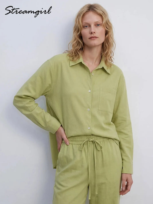 Streamgirl Linen Pants Sets For Women Summer Suits Pink Two Piece Trouser Women's Suit Sets Linen Shirt Set Oversize Outfit Suit
