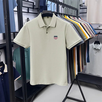 Men's Summer Luxury 100% Cotton Polo Shirt, Lapel Print Short Sleeve T-shirt, Breathable Business Casual Menswear