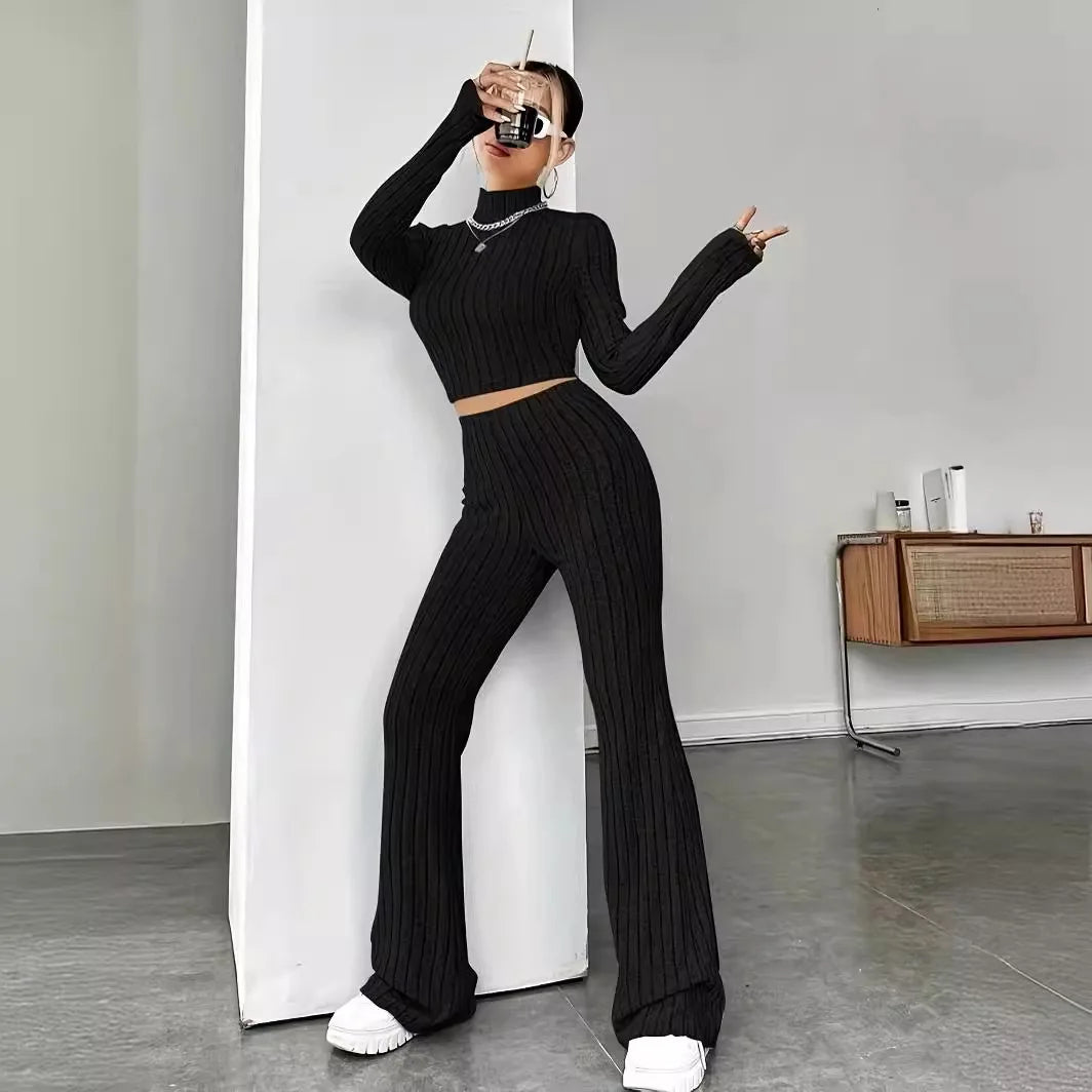 2025 Beige Western Style Knitted Fashion Suit Women New Korean Split Black Sweaters Wide Leg Pants Lady Casual Two-piece Sets