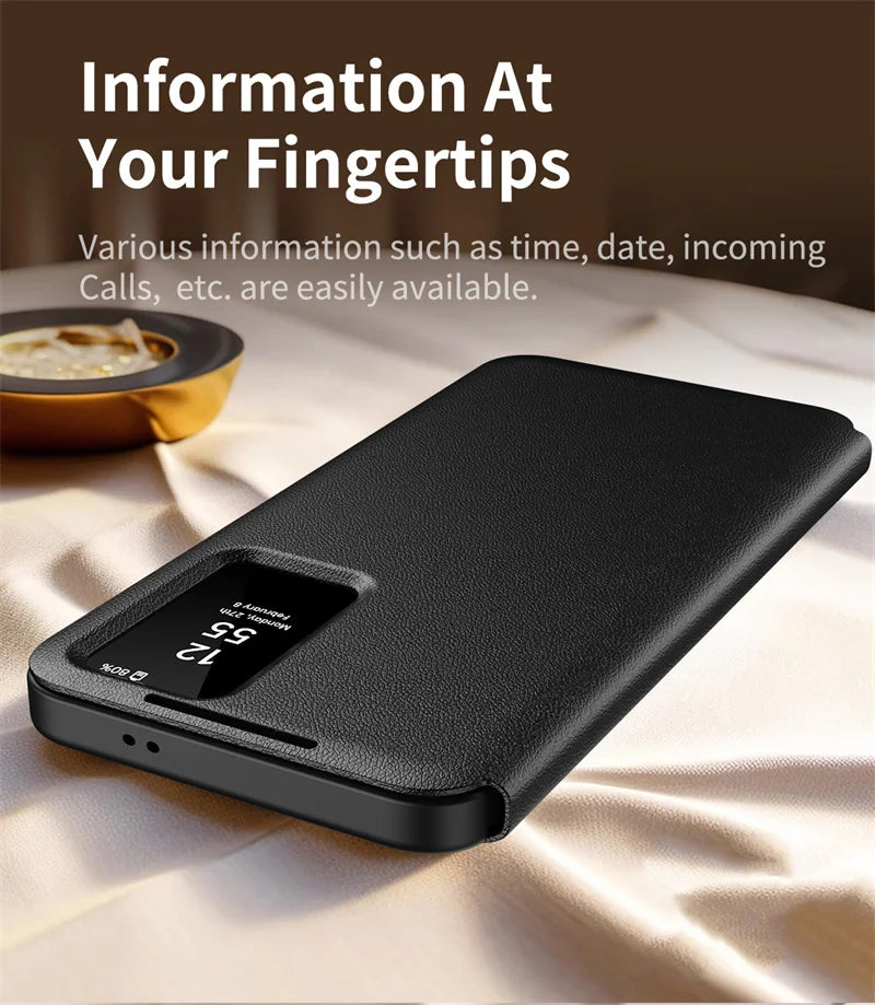 For Samsung Galaxy S25 S23 S24 S26 Ultra S25Plus Case Original PU Leather Card Pocke Flip Smart Display Transparent Window Cover