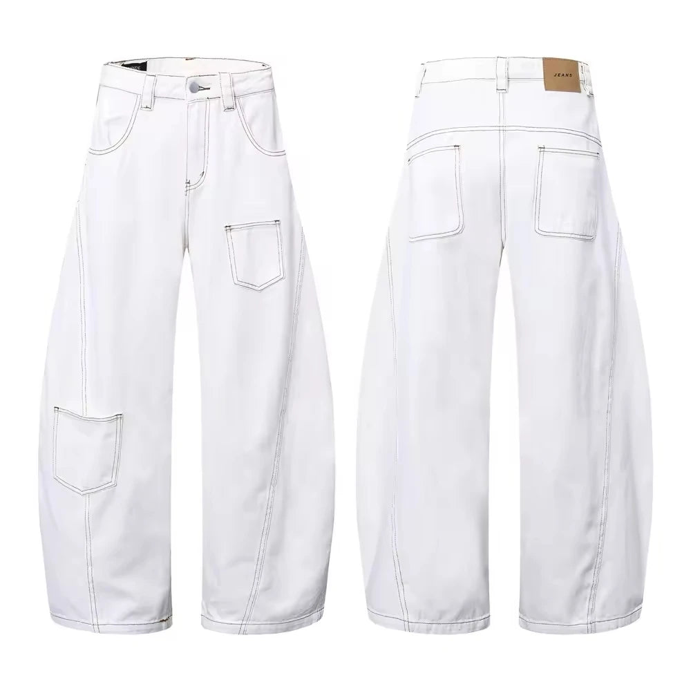 Y2K Men's Jeans White High-Waisted Wide-Leg Denim Pants Retro Baggy Style Fashion Loose Fit Casual Denim Trousers Streetwear