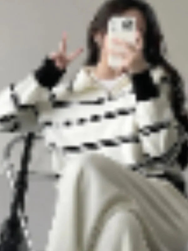 Korean Style Lazy Striped Zipper Color Block Long Sleeve Women's Soft Sweater Autumn Winter New Design Knitted Shirt