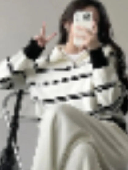 Korean Style Lazy Striped Zipper Color Block Long Sleeve Women's Soft Sweater Autumn Winter New Design Knitted Shirt