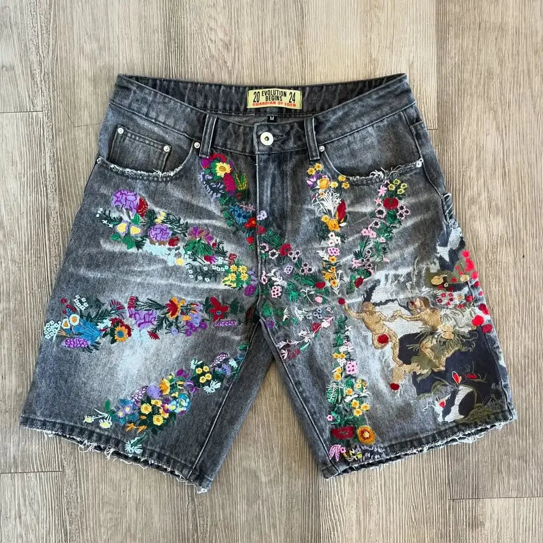 Denim Shorts Men - American Fashion Printed Low Waist Cargo Style Hip Hop Shorts