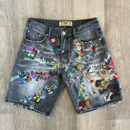 Denim Shorts Men - American Fashion Printed Low Waist Cargo Style Hip Hop Shorts
