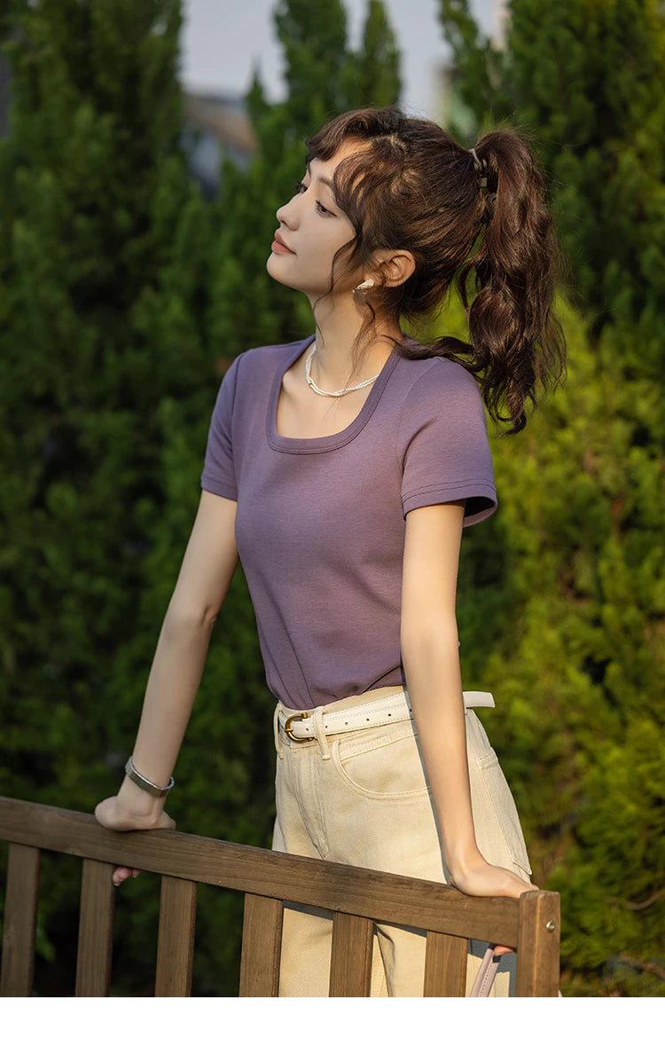 Women's Square-Neck T-Shirt – Elegant Cotton Short-Sleeve Top