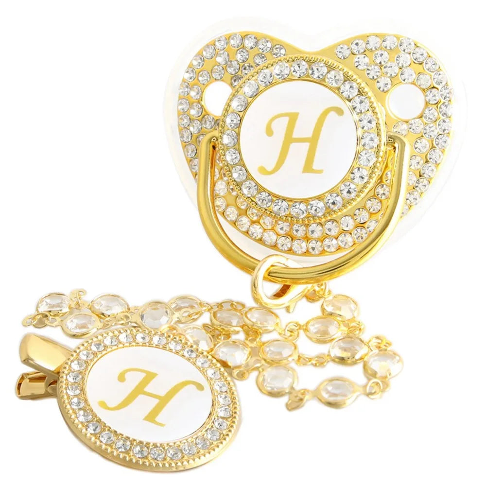 Golden Baby Pacifier With Diamond Chain Clip – Silicone, Rhinestone, Latex Free