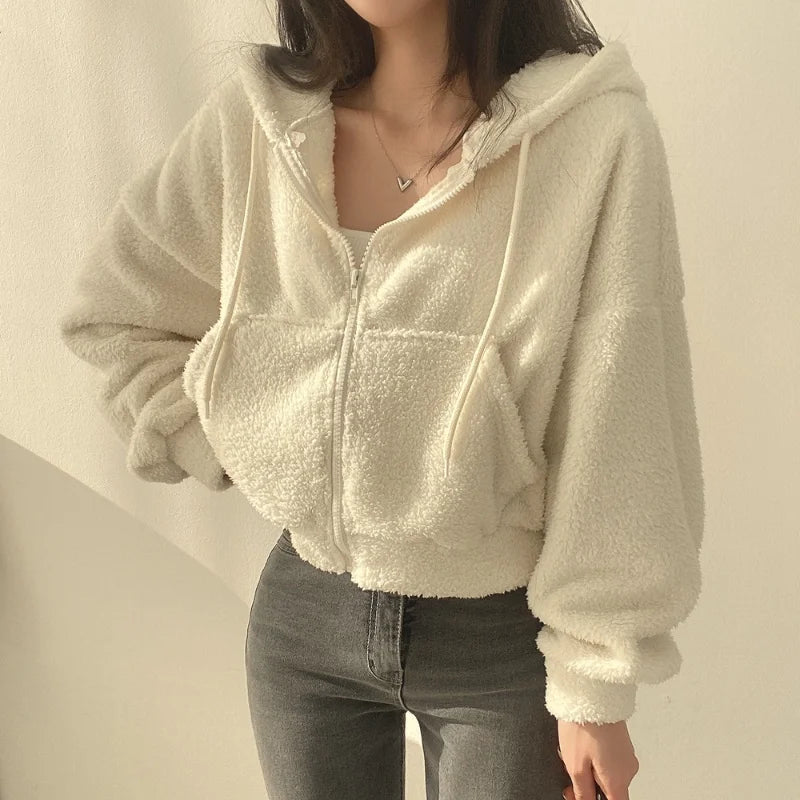 Women Fleece Hoodie - Thick Warm Winter Jacket With Zipper Hooded Outerwear